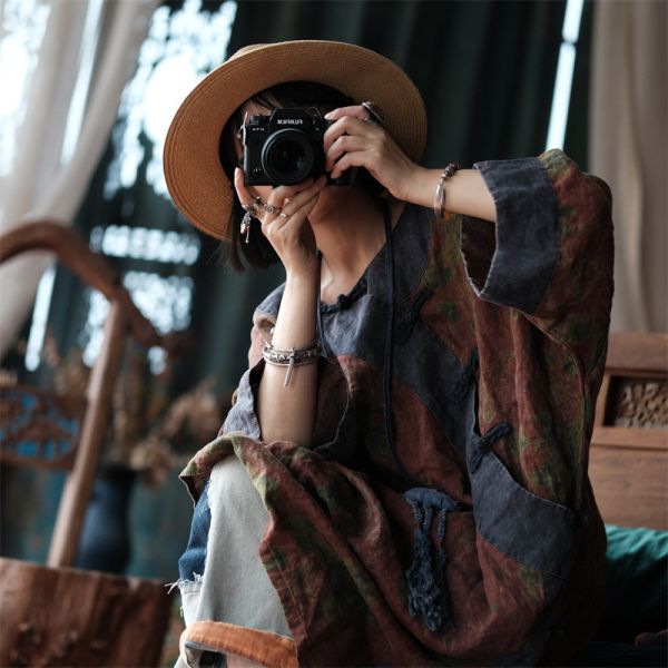 燕燕~秋季新款  純亞麻寬鬆盤扣斜襟拼色花袍 洋裝 連身裙。 ab209201 