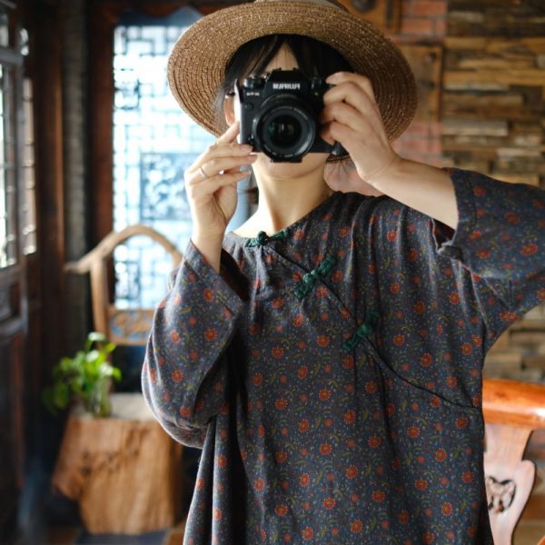 燕燕~春季新款. 雙層棉紗 寬鬆盤扣斜襟花袍洋裝 連身裙 