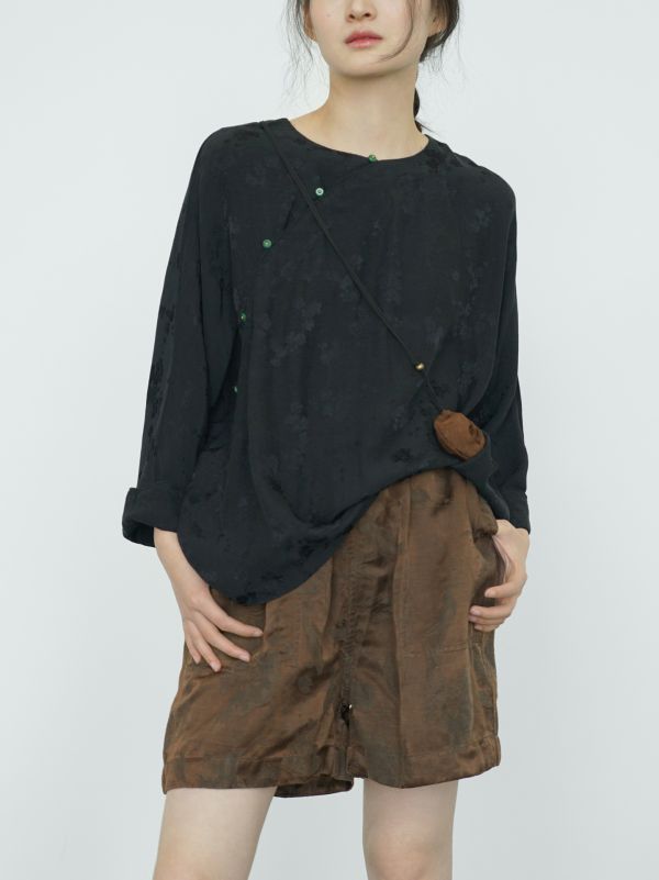 燕燕~天絲提花~廓形蝙蝠袖襯衫 中國式斜襟珠扣茶服上衣。 ab2421301 