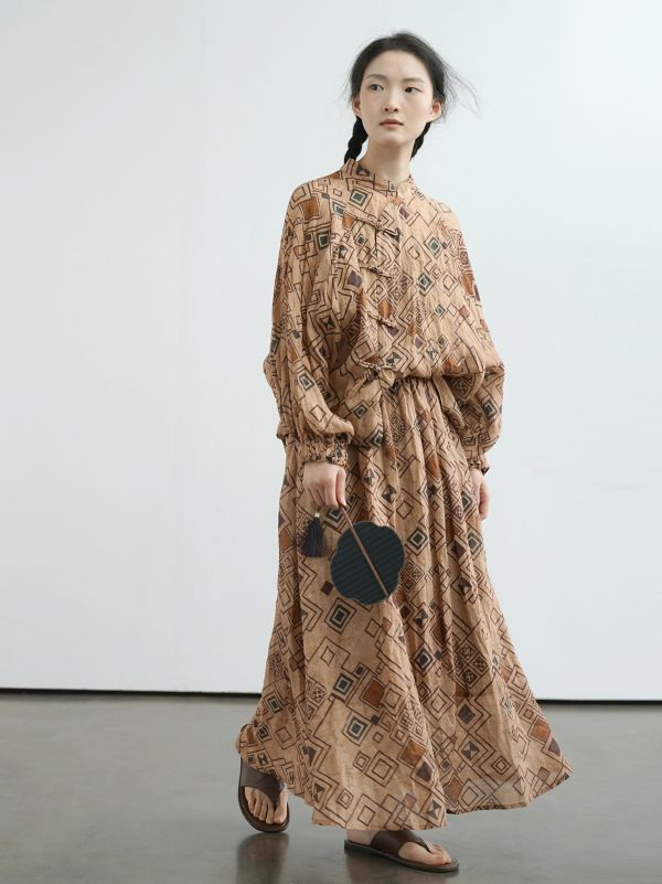 燕燕~苧麻 東方印花蝙蝠袖斜襟襯衫 復古寬鬆個性上衣 ab2506601 