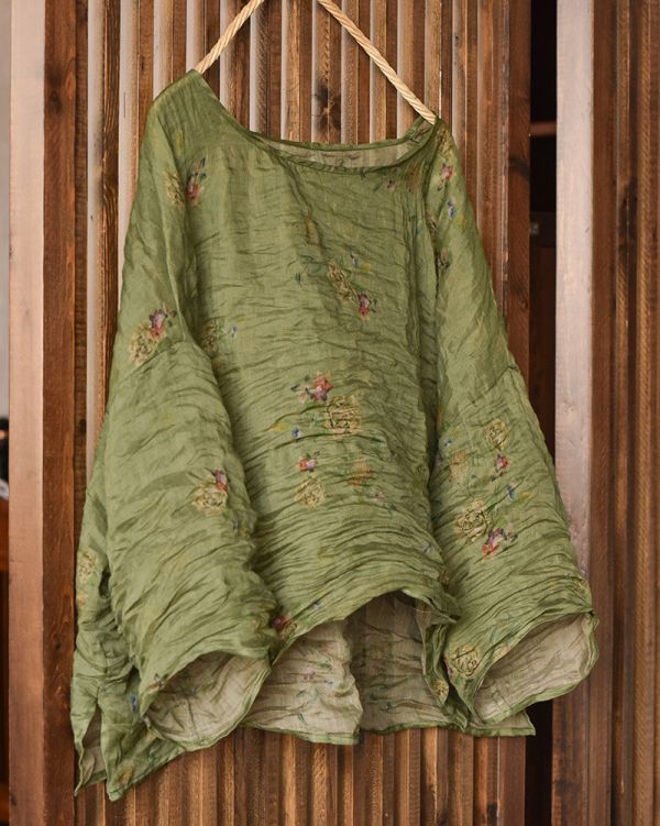 燕燕~苧麻~輕薄印花寬鬆短版女外套 時尚百搭襯衫休閒麻衫 上衣 