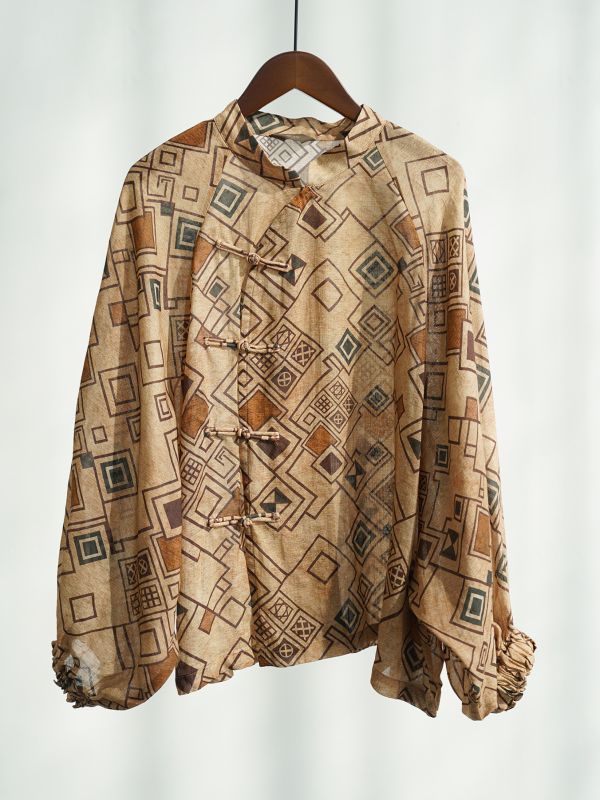 燕燕~苧麻 東方印花蝙蝠袖斜襟襯衫 復古寬鬆個性上衣 ab2506601 