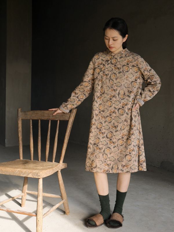燕燕棉麻～秋冬款 復古新中式加厚印花中長旗袍 洋裝 連身裙  ab2322301 