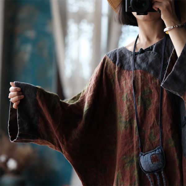 燕燕~秋季新款  純亞麻寬鬆盤扣斜襟拼色花袍 洋裝 連身裙。 ab209201 