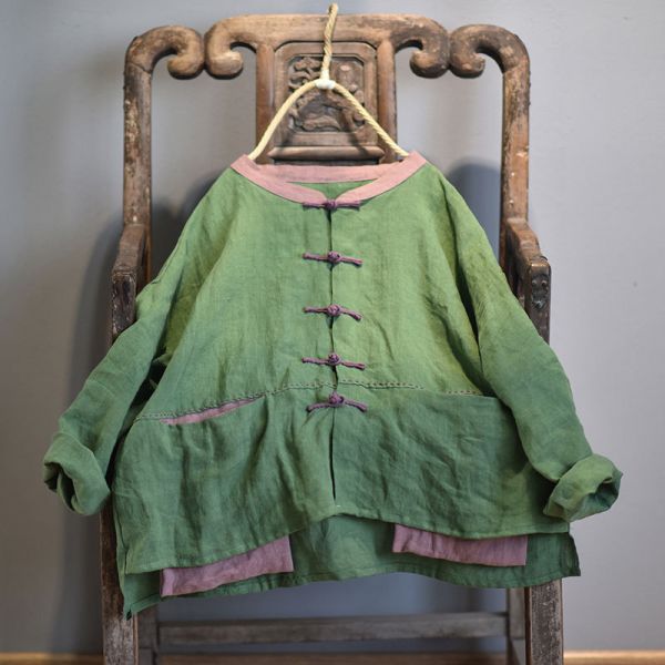 燕燕~棉麻商品~日系森林系~春秋款 亞麻材質 盤扣撞色做舊舒適外套 長袖棉麻衫 