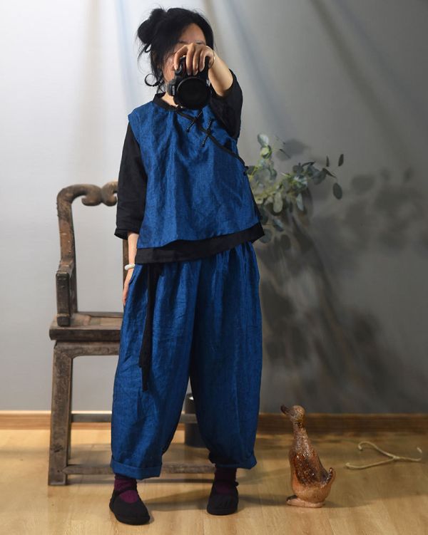 燕燕~亞麻 中式偏襟手工盤扣復古文藝無袖背心 