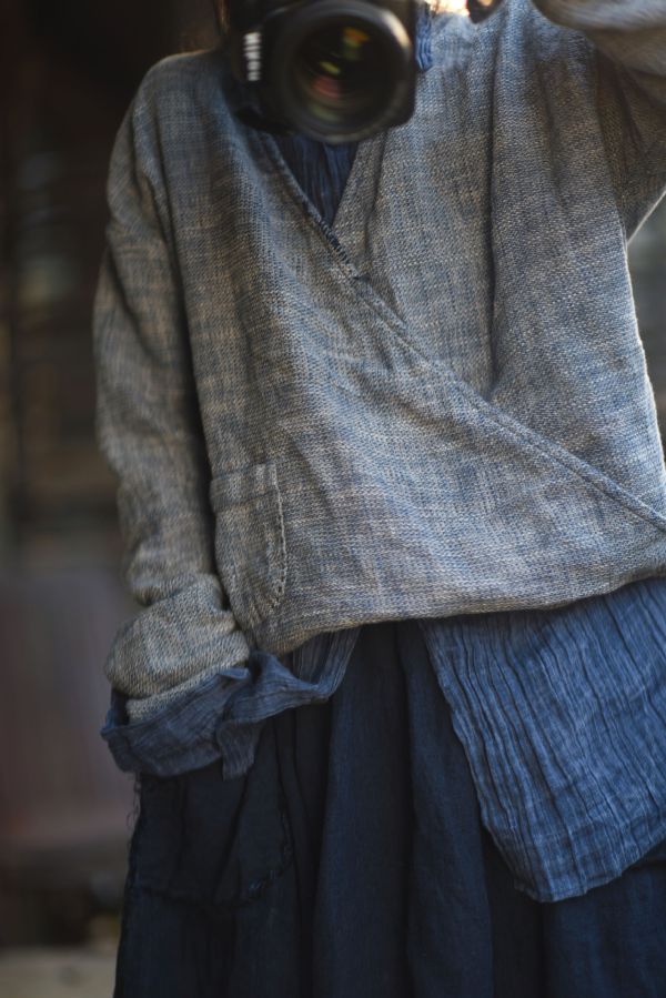 燕燕~春季新款 亞麻  百搭休閒文藝肌理色織慵懶V領套頭小衫 上衣 襯衫 外套 長袖棉麻衫 