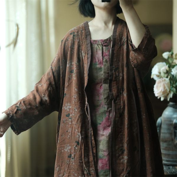 燕燕～夏季新。做舊感棉紗 寬鬆繫帶開衫外披上衣 長外套. ab206501 