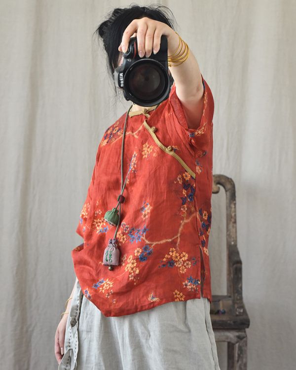 燕燕~ 亞麻  復古數碼印花上衣 斜襟盤扣中式短袖襯衫  