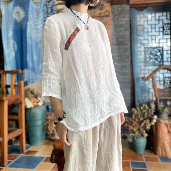 燕燕~純苧麻~水洗貼花布盤扣小衫  上衣。棉麻衫。 ab152501 