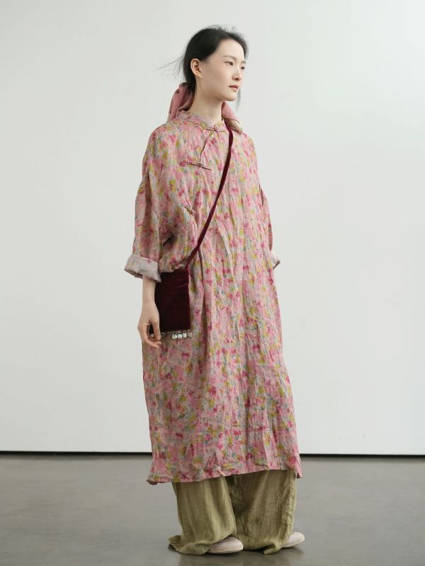 燕燕~苧麻 中式浪漫碎花繭型長旗袍 復古寬鬆清透長袍洋裝 連身裙  ab2506001 