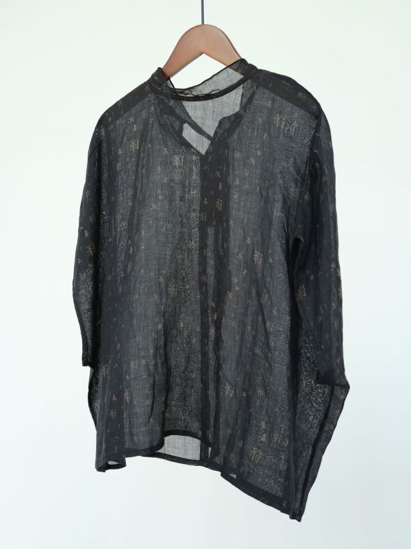 燕燕~中國風禪意文字印花高領蝙蝠袖襯衫 復古繭型繫帶上衣  ab2414301 