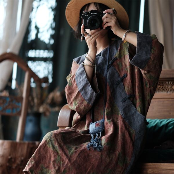 燕燕~秋季新款  純亞麻寬鬆盤扣斜襟拼色花袍 洋裝 連身裙。 ab209201 