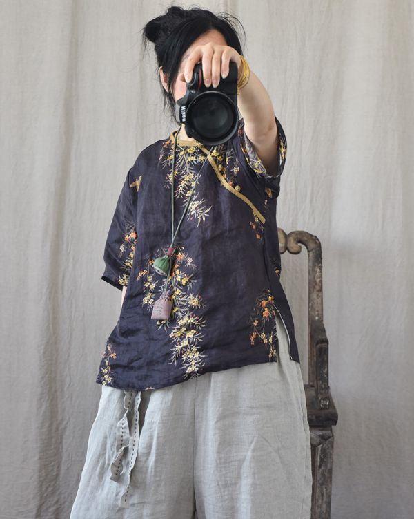 燕燕~ 亞麻  復古數碼印花上衣 斜襟盤扣中式短袖襯衫  