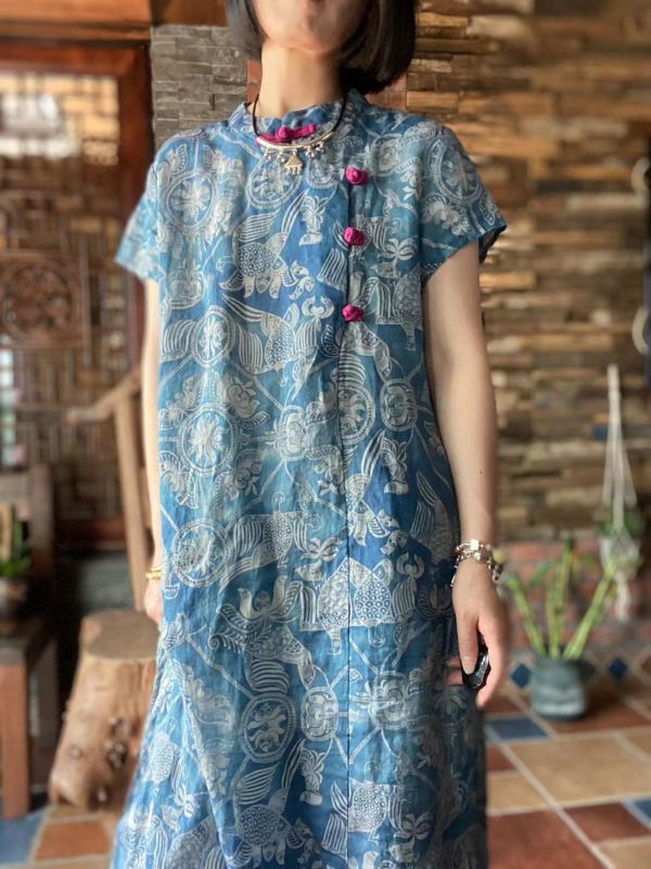 燕燕～純苧麻 文藝復古印花手工盤扣寬鬆 洋裝 連身裙  ab185901 