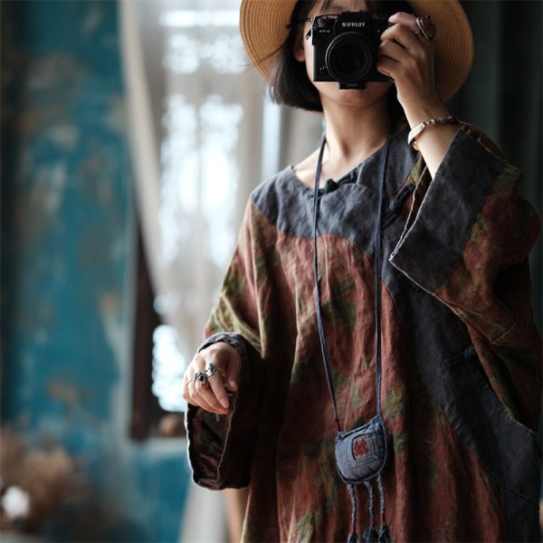 燕燕~秋季新款  純亞麻寬鬆盤扣斜襟拼色花袍 洋裝 連身裙。 ab209201 