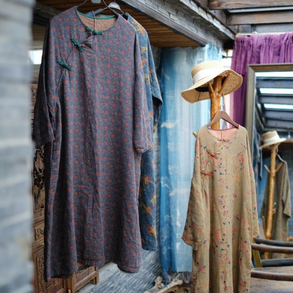 燕燕~春季新款. 雙層棉紗 寬鬆盤扣斜襟花袍洋裝 連身裙 