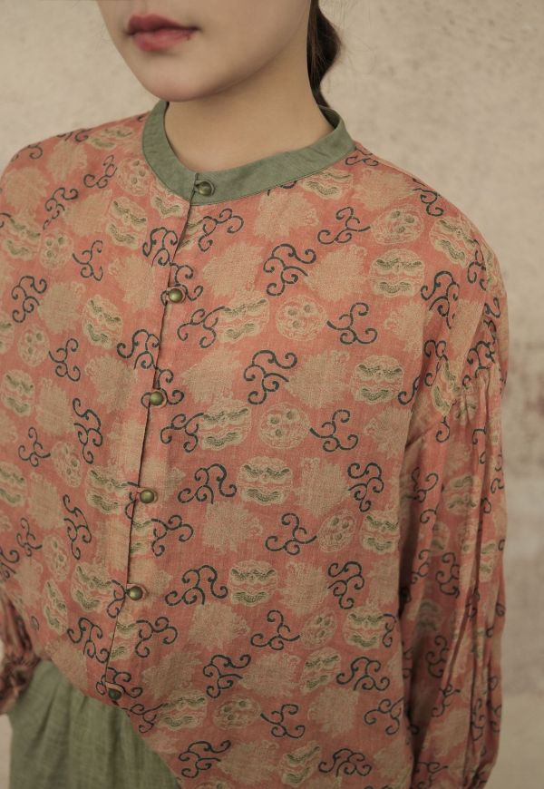 燕燕棉麻～苧麻 撞色寬鬆襯衫 喇叭袖開衫襯衫  上衣 ab2307401 