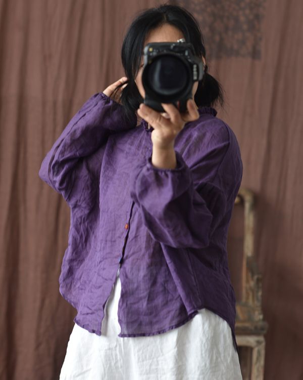 燕燕~棉麻商品~春夏款 輕薄透苧麻 燈籠袖荷葉圓領襯衫 長袖棉麻衫 