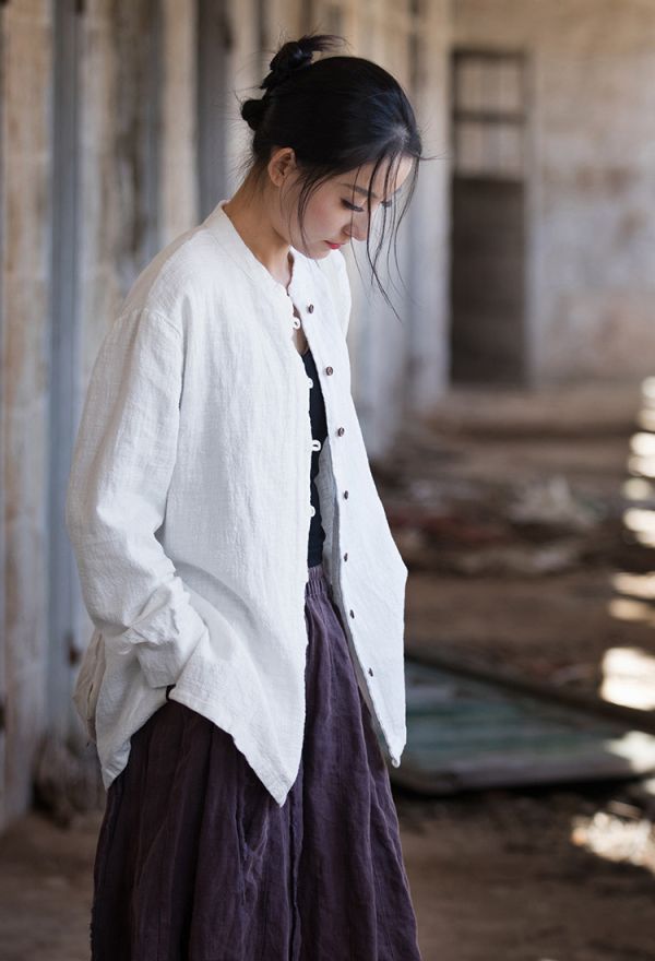 燕燕. 夏季棉麻新款 苧麻棉砂洗文藝個性立領長袖襯衫 上衣   長袖棉麻衫 