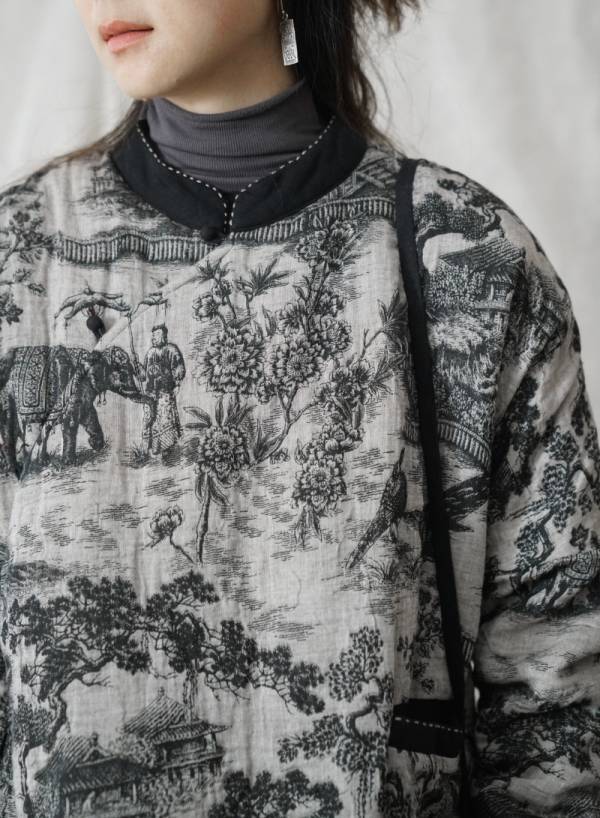 燕燕棉麻~復古雙層印花加厚斜襟棉衣上衣 新中式個性棉衣外套 ab2143601 