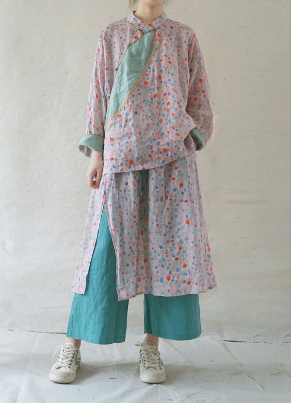 燕燕~棉麻商品~輕中式斜襟寬鬆襯衫. 復古潮味撞色花邊輪廓上衣 ab2106501 