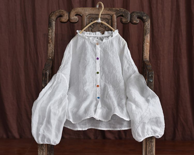 燕燕~棉麻商品~春夏款 輕薄透苧麻 燈籠袖荷葉圓領襯衫 長袖棉麻衫 