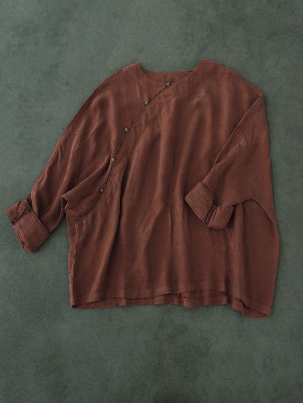 燕燕~天絲提花~廓形蝙蝠袖襯衫 中國式斜襟珠扣茶服上衣。 ab2421301 