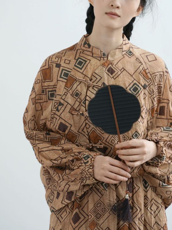 燕燕~苧麻 東方印花蝙蝠袖斜襟襯衫 復古寬鬆個性上衣 ab2506601 