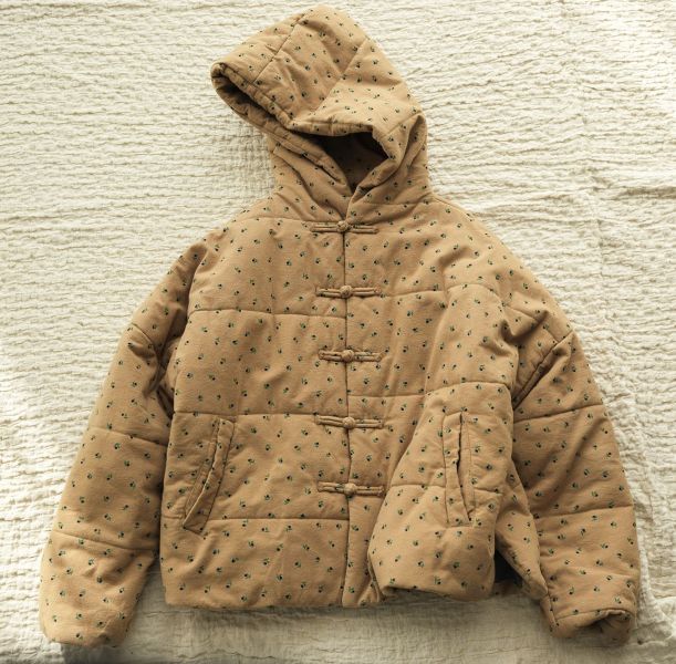 燕燕~棉麻商品~磨毛碎花壓條連帽加厚棉襖新中式盤扣對襟棉衣外套 ab2246101 