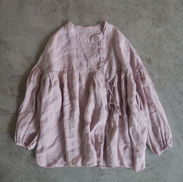 燕燕~亞麻~春夏文藝斜襟減齡繫帶襯衫復古寬鬆顯瘦上衣.  ab1925001 