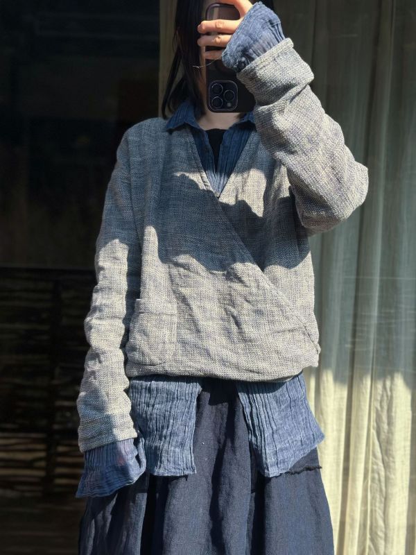 燕燕~春季新款 亞麻  百搭休閒文藝肌理色織慵懶V領套頭小衫 上衣 襯衫 外套 長袖棉麻衫 