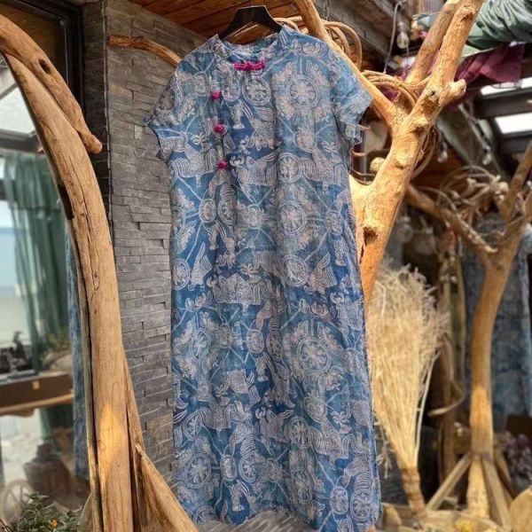 燕燕～純苧麻 文藝復古印花手工盤扣寬鬆 洋裝 連身裙  ab185901 