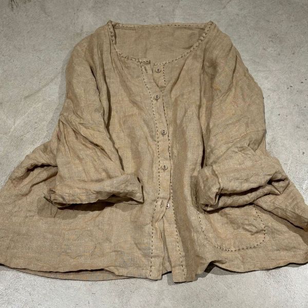 燕燕～夏季新款 休閒文藝百搭圓領亞麻開襟衫手工縫線小衫 外套 