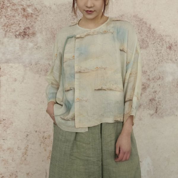燕燕～亞麻 印花文藝偏襟盤扣上衣 襯衫  長袖棉麻衫   ab2305701 