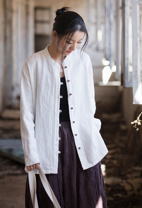 燕燕. 夏季棉麻新款 苧麻棉砂洗文藝個性立領長袖襯衫 上衣   長袖棉麻衫 