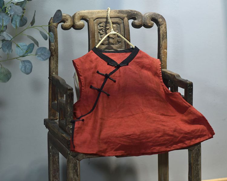 燕燕~亞麻 中式偏襟手工盤扣復古文藝無袖背心 