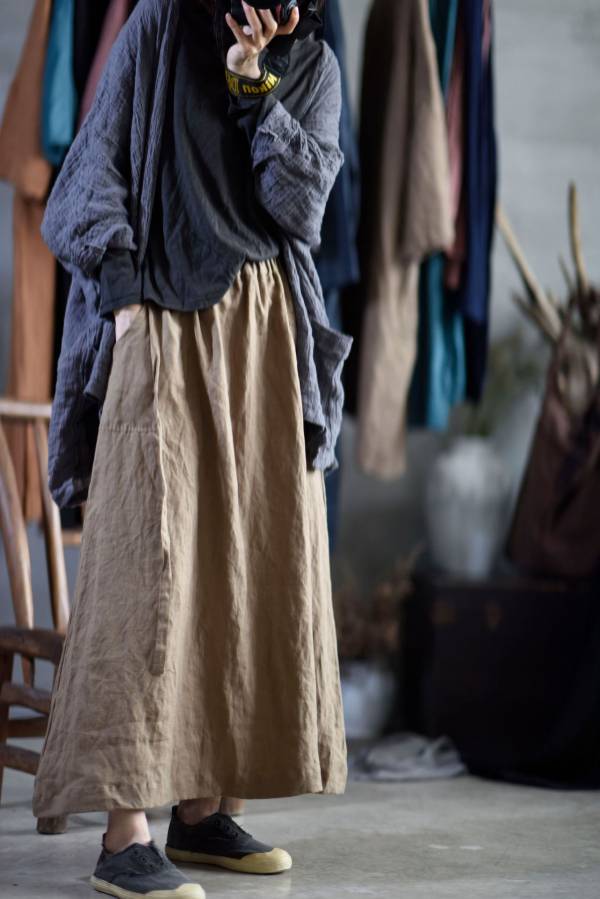 燕燕~棉麻商品~亞麻材質 水洗做舊口袋線跡鬆緊帶繫帶長裙 