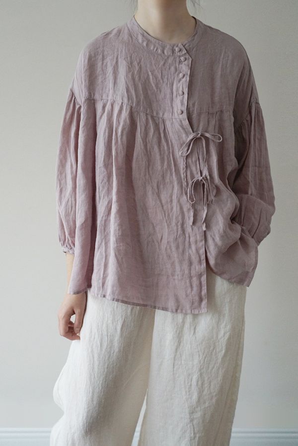 燕燕~亞麻~春夏文藝斜襟減齡繫帶襯衫復古寬鬆顯瘦上衣.  ab1925001 