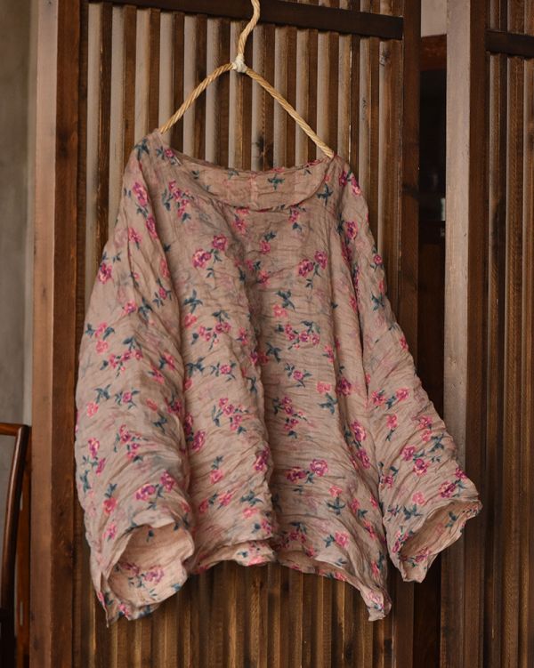 燕燕~苧麻~輕薄印花寬鬆短版女外套 時尚百搭襯衫休閒麻衫 上衣 