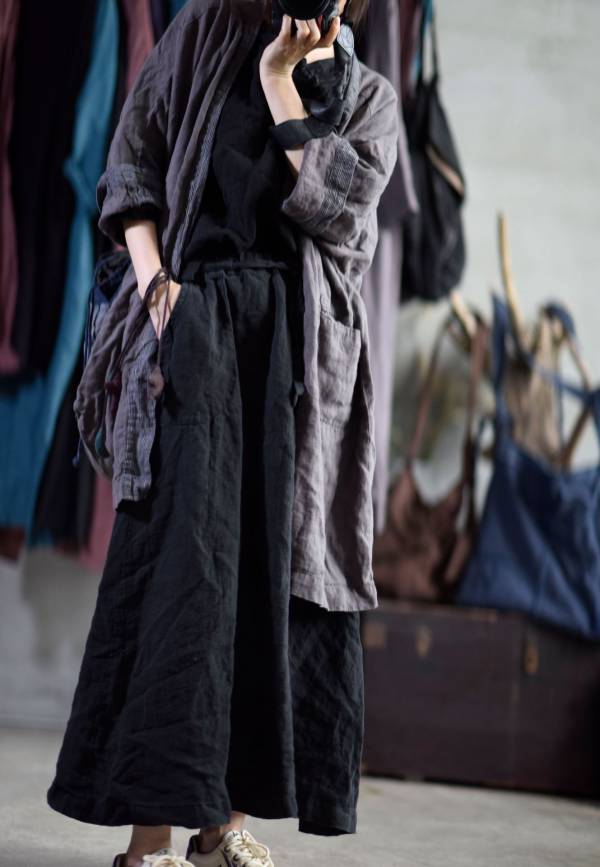 燕燕~棉麻商品~亞麻材質 水洗做舊口袋線跡鬆緊帶繫帶長裙 