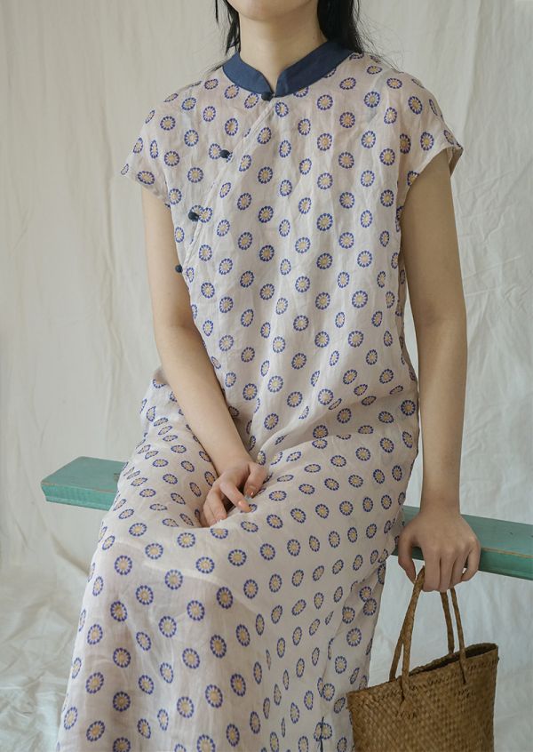 燕燕~苧麻  印花長旗袍 洋裝 連身裙 ab2222201 