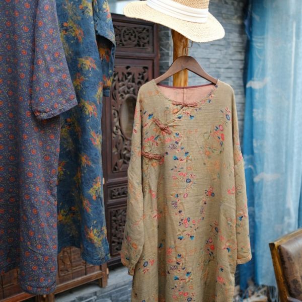 燕燕~春季新款. 雙層棉紗 寬鬆盤扣斜襟花袍洋裝 連身裙 