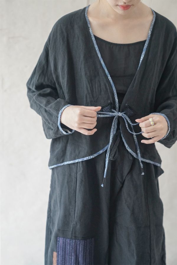 燕燕~(寬鬆版型）亞麻 復古文藝寬鬆水洗做舊繫帶V領開衫 外套  ab2124301 