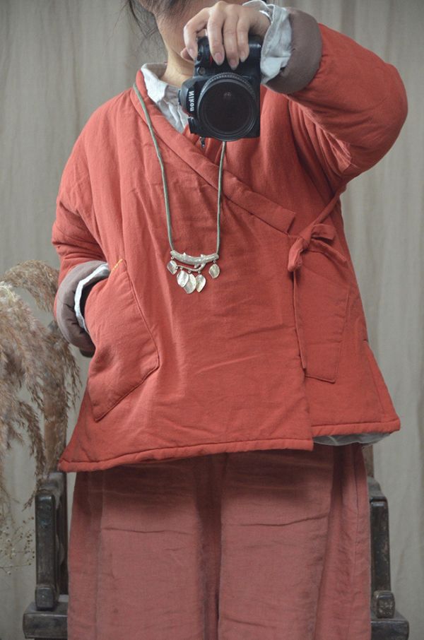 燕燕～秋冬款 V領繫帶棉服手縫線保暖文藝復古禪意氣質棉外套 