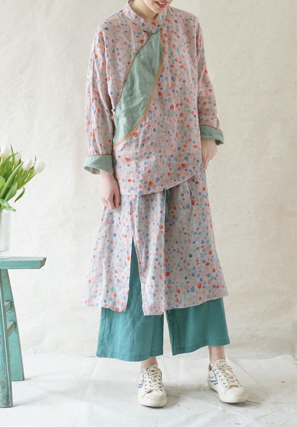 燕燕~棉麻商品~輕中式斜襟寬鬆襯衫. 復古潮味撞色花邊輪廓上衣 ab2106501 