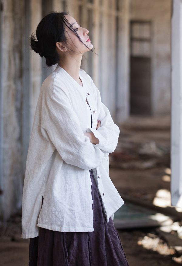 燕燕. 夏季棉麻新款 苧麻棉砂洗文藝個性立領長袖襯衫 上衣   長袖棉麻衫 