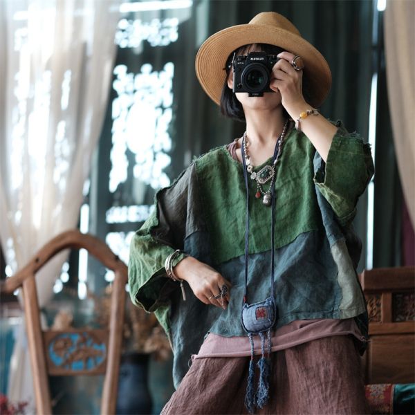 燕燕~秋季新款 純麻  毛邊圓領開叉寬鬆拼接麻衫 上衣 長袖棉麻衫  ab208901 