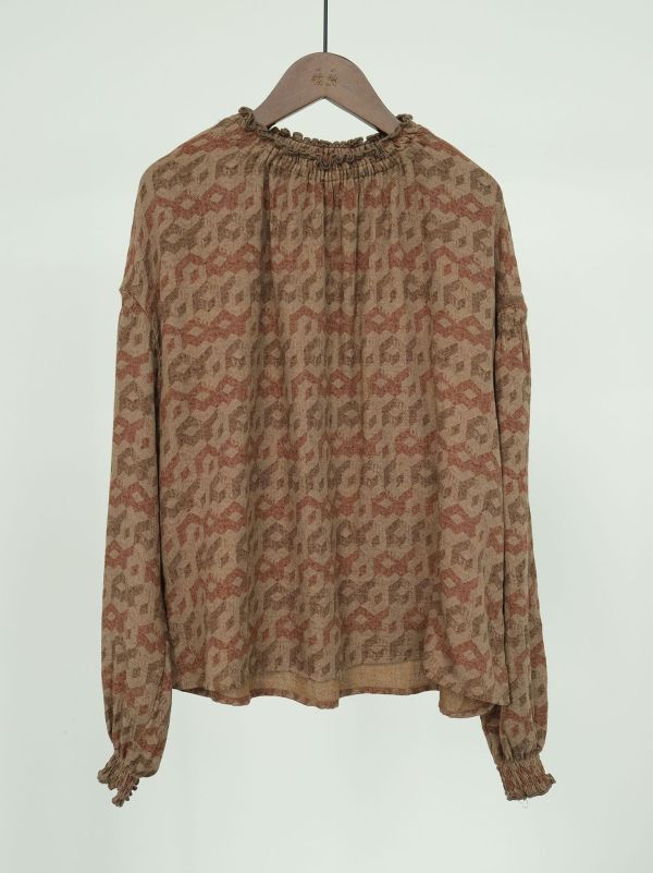 燕燕～早秋款 復古雙層紗印花鬆緊領襯衫 上衣  ab2321001 