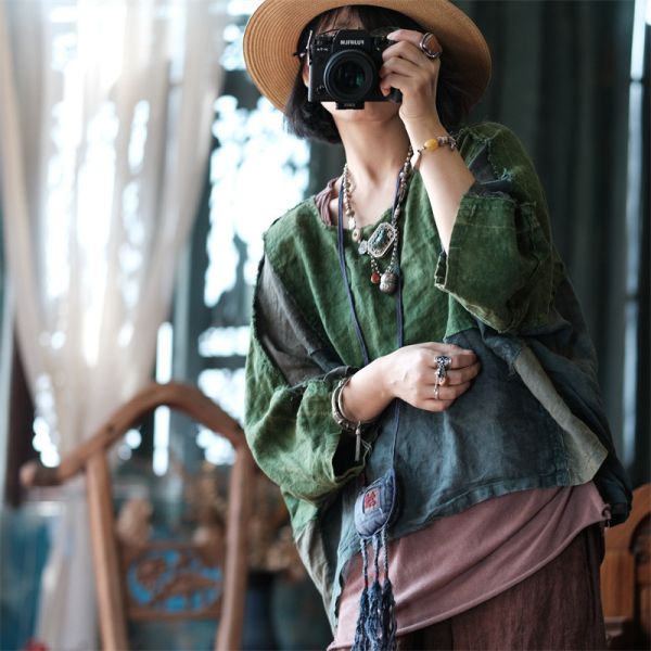 燕燕~秋季新款 純麻  毛邊圓領開叉寬鬆拼接麻衫 上衣 長袖棉麻衫  ab208901 